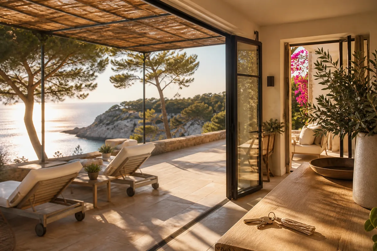 Trousseau de clés posé sur une table en bois clair devant une terrasse ouverte sur la mer